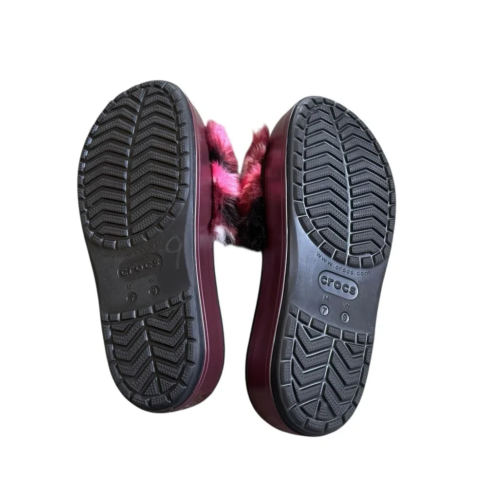 Crocs‎ CB Pink Black Fuzzy Platform So Luxe Slide sandal Summer Women's size 9